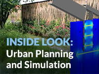 写着 "Inside Look: Urban Planning and Simulation" 的视频海报，其背景是一个仿真模型和雨水管理系统图。