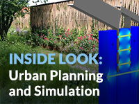 一个视频海报，上面写着“Inside Look: Urban Planning and Simulation”，后面是一个模拟模型和雨水管理系统。