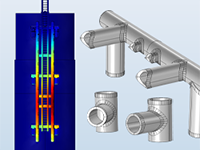 A 3D plot showing the simulation results of the strain in a boat landing design at left, with designs of custom bucket support and fender support assembly parts at right.