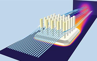 在comsol multiphysics 中创建的散热器模型,其中的流线表示流体流动