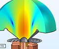 Un modèle de haut-parleur visualisant le niveau de pression acoustique en couleur arc-en-ciel.
