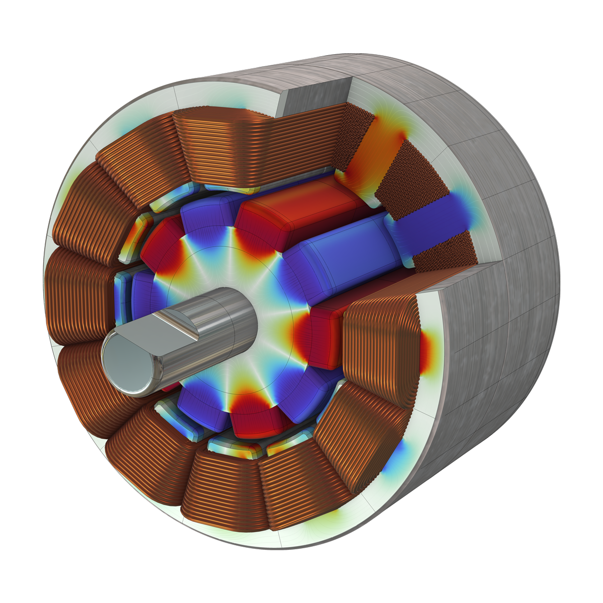 Modello di motore a magneti permanenti 3D visualizzato con bobine di rame e un nucleo in gradazione arcobaleno.