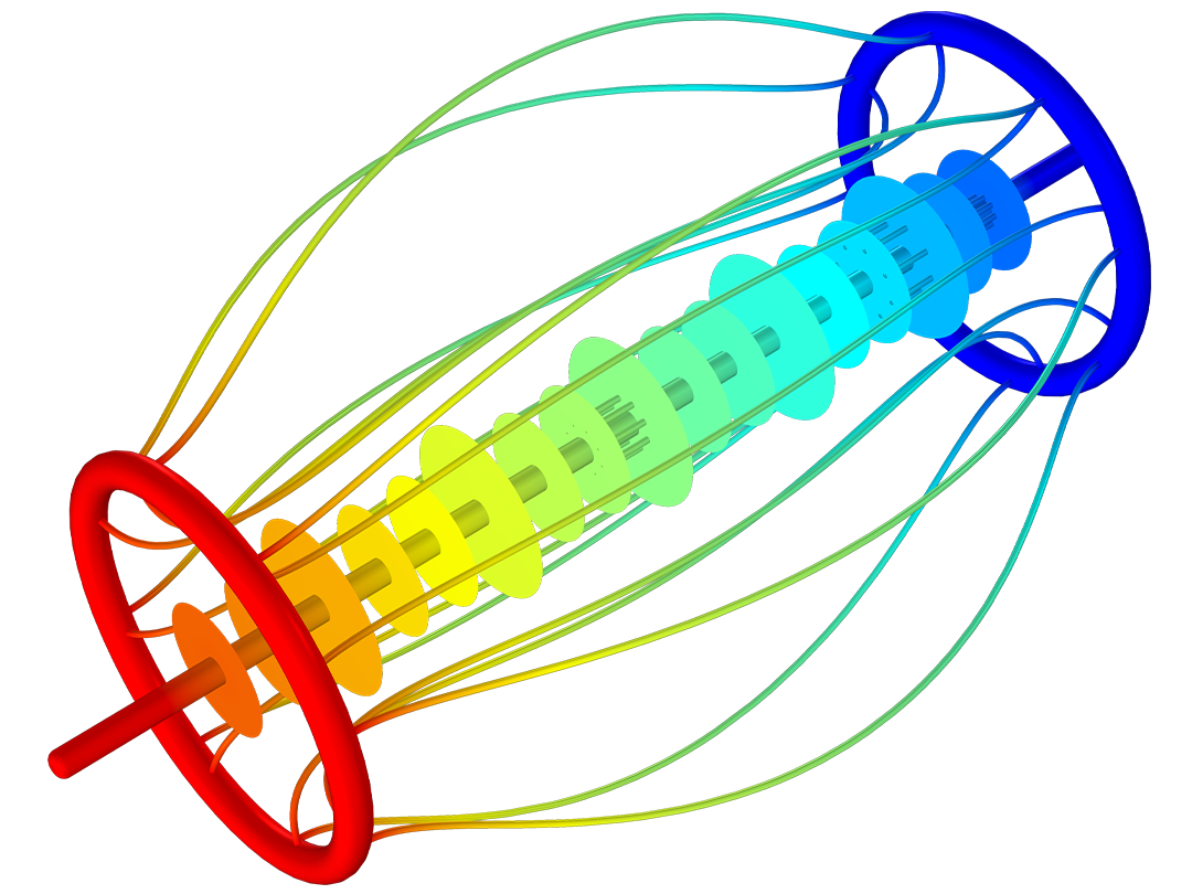 A high voltage insulator model showing the electric potential distribution in the Rainbow color table.