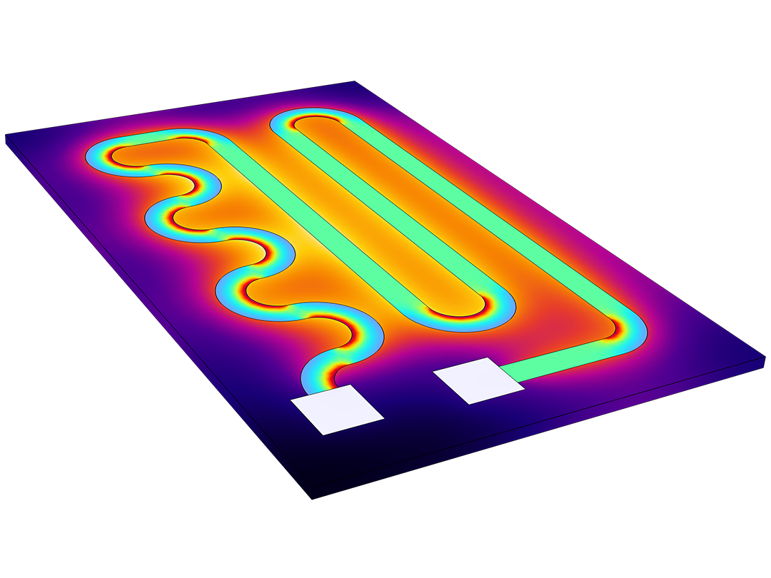Модель нагревательного контура. визуализированы потери на поверхности (цветовая шкала Rainbow) и распределение температуры (цветовая шкала  Heat Camera).