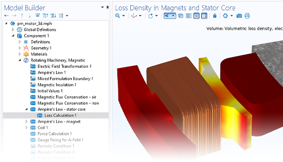 Visualizzazione in primo piano del Model Builder con il nodo Loss Calculation evidenziato e modello di un motore 3D nella finestra Graphics.