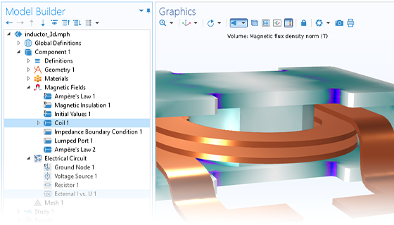 Visualizzazione in primo piano del Model Builder con il nodo Coil evidenziato e modello di un induttore 3D nella finestra Graphics.