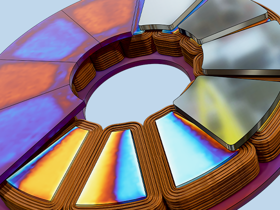 A close-up view of the axial magnetic flux in the stator core and rotor plate of an axial flux motor.