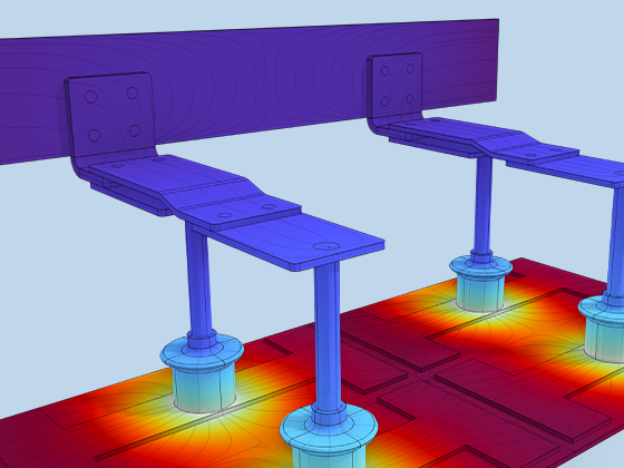 A close-up view of the potential drop and current density in a busbar–anode assembly.