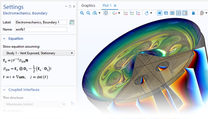 A close-up view of the Electromechanics, Boundary node highlighted and a microphone model in the Graphics window.