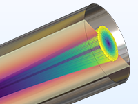 A close-up view of an electron beam model diverging due to its own space charge.