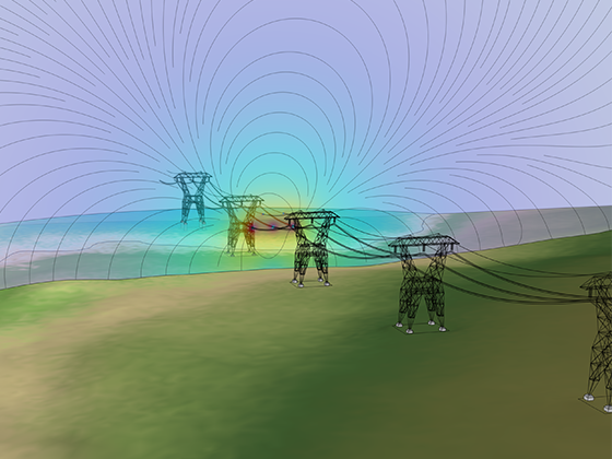 A close-up view of a power line model showing the electric field distribution.