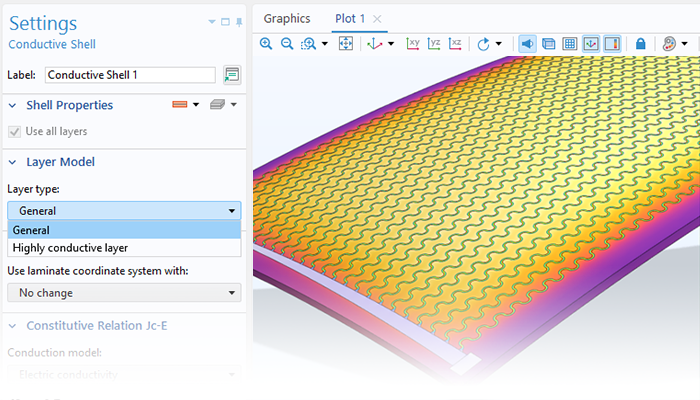 A close-up view of the Conductive Shell settings and a heating circuit model in the Graphics window.