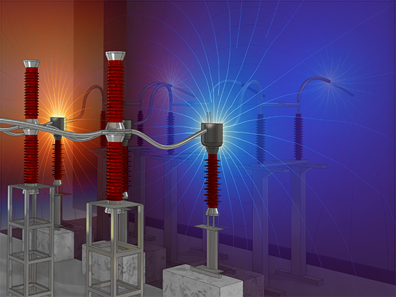 A close-up view of a switchgear model showing the electric potential distribution.