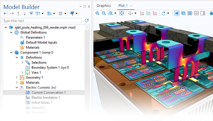 A close-up view of the Model Builder with the Current Conservation node highlighted and an IGBT model in the Graphics window.