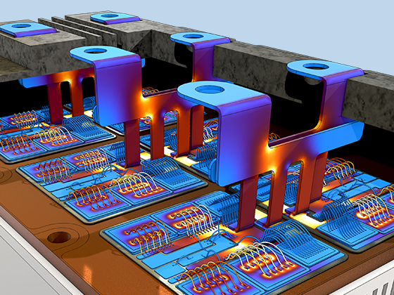 A close-up view of the current density distribution in an IGBT module.