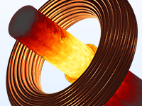 A close-up view of a workpiece model showing industrial induction heating.