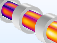 A detailed view of the temperature distribution in a steel billet as it passes through three energized coils.
