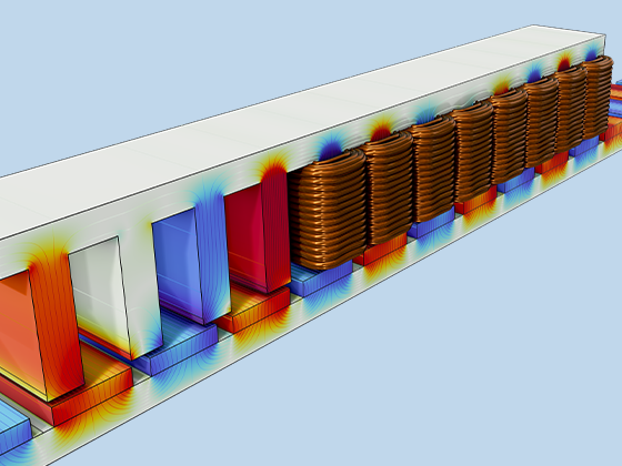 A close-up view of the vertical magnetic flux distribution in a linear motor core.