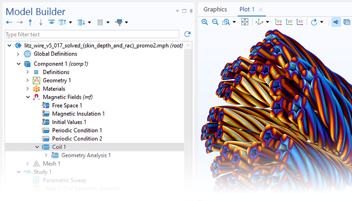 A close-up view of the Model Builder with the Coil node highlighted and a litz wire model in the Graphics window.