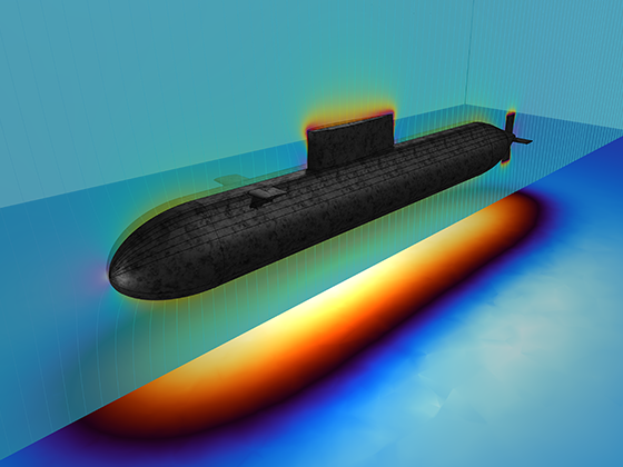 A close-up view of the magnetic field lines and flux density near a submarine.