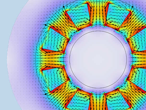 Visualizzazione dettagliata di un rotore Halbach che mostra la densità del flusso magnetico.