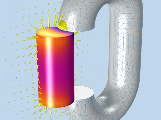 A detailed view of a magnet with a rod showing the displacement and magnetic flux density.