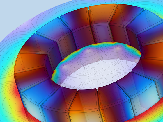 A close-up view of a multipole Halbach rotor with magnet arrangement concentrating the magnetic field on the inner or outer side.