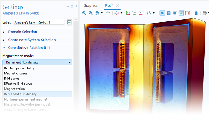 A close-up view of the Ampère's Law in Solids settings and a transformer tank model in the Graphics window.