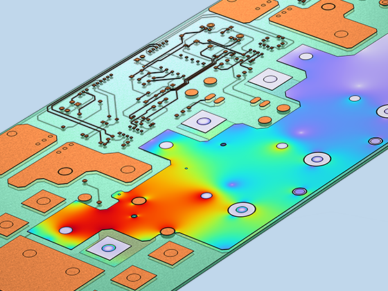 A close-up view of the current density distribution in PCB tracks.