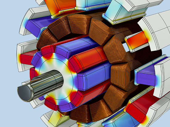 A close-up view an electric motor model with surface-mounted rotor magnets.
