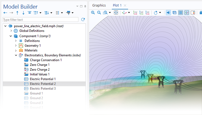 A close-up view of the Model Builder with the Electric Potential node highlighted and a power line model in the Graphics window.