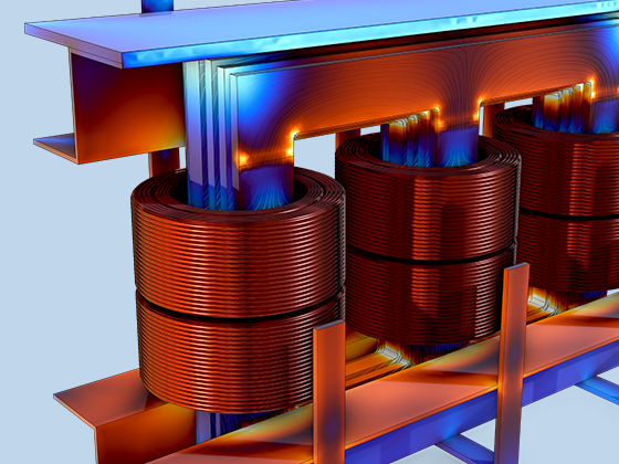 A close-up view of the electromagnetic loss distribution in the laminated iron core of a three-phase transformer.