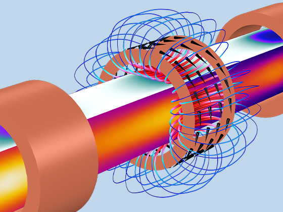 Visualizzazione dettagliata del modello di una billetta di acciaio che mostra la temperatura e il campo magnetico.