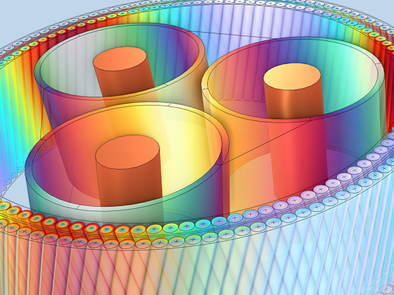 A close-up view of the current and magnetic flux density distribution in a three-phase AC submarine cable.