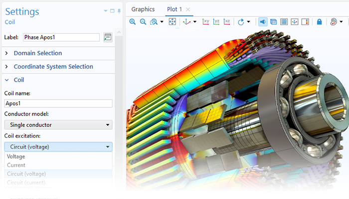 A close-up view of the Coil settings and a motor model in the Graphics window.