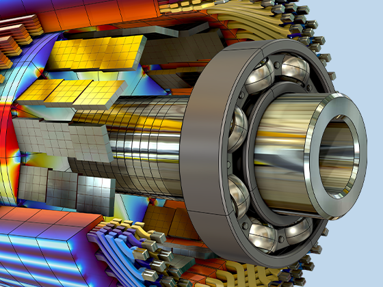 A close-up view of the radial magnetic flux in a rotor and temperature in the stator.