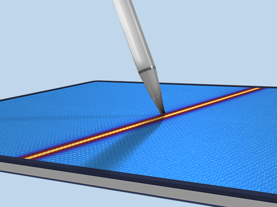 A close-up view of the electric field visualization of an activated touchscreen electrode array.