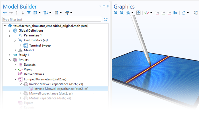 A close-up view of the Global Matrix Evaluation node highlighted and a touchscreen model in the Graphics window.