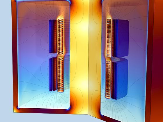 A close-up view of the electromagnetic loss, fluid flow, and temperature distribution in a 2D axisymmetric transformer tank.