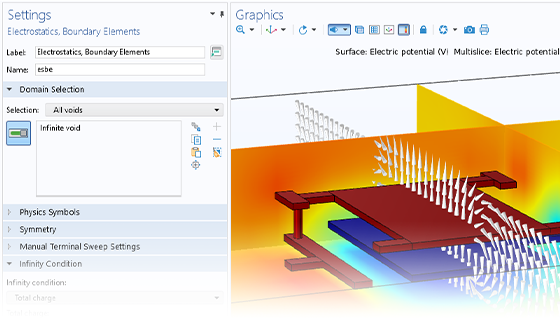 Visualizzazione in primo piano del Model Builder con il nodo Electrostatics, Boundary Elements evidenziato e un modello di condensatore sintonizzabile nella finestra Graphics.