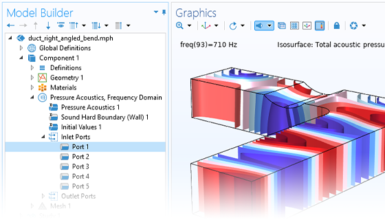 Visualizzazione in primo piano del Model Builder con il nodo Port evidenziato e un modello di condotto angolato nella finestra Graphics.