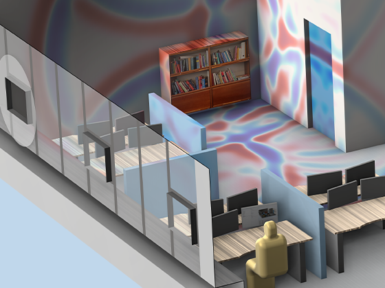 A close-up view of an office space model showing the pressure distribution.