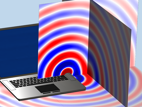 Visualizzazione in primo piano di un computer portatile aperto che mostra la pressione acustica irradiata.