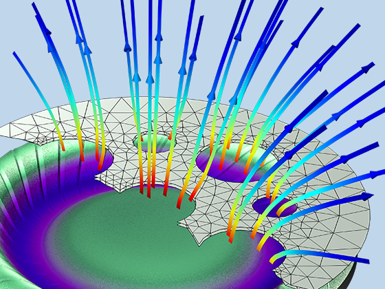 Visualizzazione in primo piano di un modello di microaltoparlante con linee di flusso in gradazione arcobaleno.