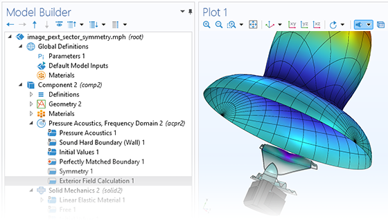 Visualizzazione in primo piano del Model Builder con il nodo Exterior Field Calculation evidenziato e un modello di altoparlante nella finestra Graphics.