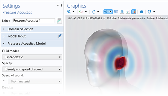 Visualizzazione in primo piano della finestra Settings del nodo Pressure Acoustics e un modello di testa umana nella finestra Graphics.