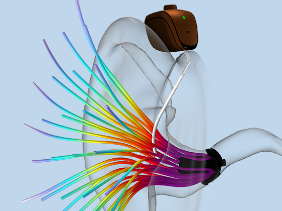 A close-up view of an ear model with a hearing aid.