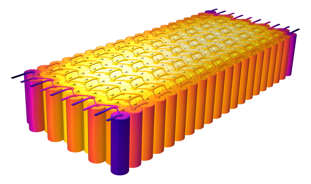 Un modèle de pack de batteries composé de 200 batteries, visualisé dans la palette de couleurs Heat Camera.