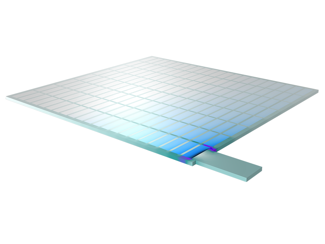 A lead-acid battery model showing the current density and potential distribution in a white, teal, blue, and purple color gradient.