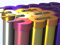 A close-up view of a battery pack model showing the temperature.